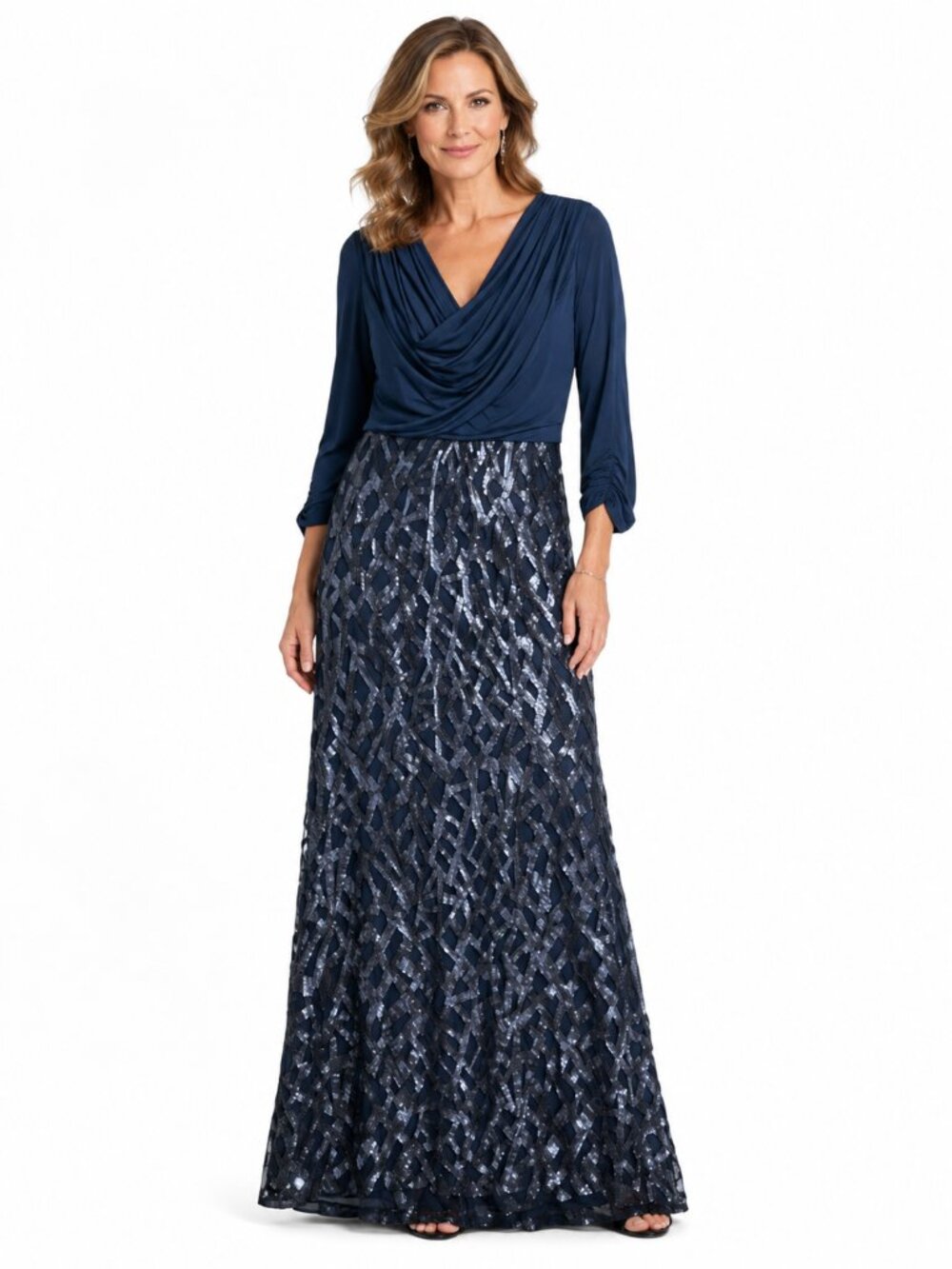 TADASHI SHOJI Navy Blue Sequined Lattice Gown Draped Bodice 48030LX Size 4